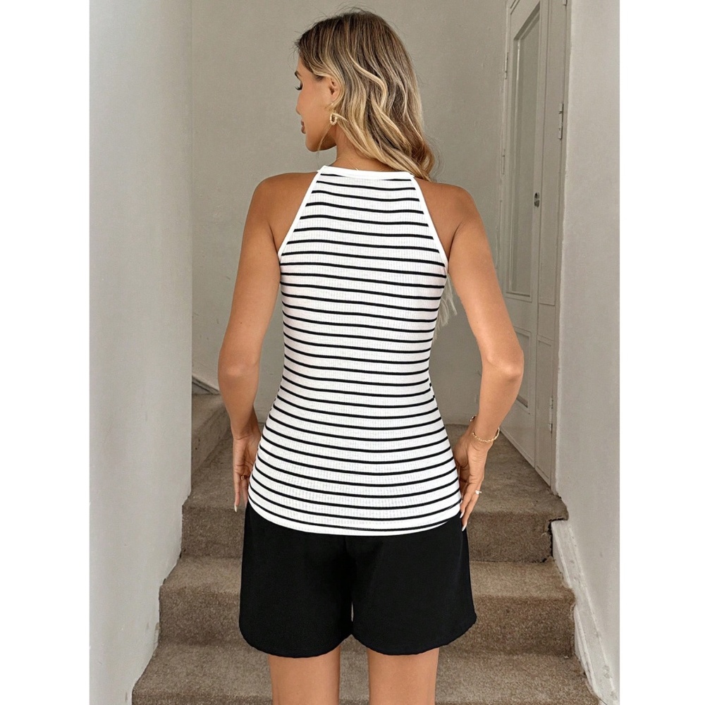 Halter Tank Top White with Black Stripes Stretchy - Picture 7 of 14